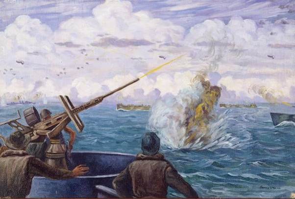 Off the Green Islands, U.S. Navy gunners fire at Japanese aircraft as one of the enemy planes splashes down nearby, in a painting by New Zealand combat artist Allan Barns-Graham. In an early D-Day strike, 15 Japanese dive bombers attacked Operation Squarepeg�s invasion convoy, scoring no serious hits while losing six aircraft.