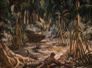 A Valentine tank and New Zealand soldiers engage unseen Japanese defenders amid Nissan Island�s thick jungle, as depicted by Barns-Graham. Squarepeg�s climactic fight, near Tanaheran Village, resulted in the Kiwis routing determined but outnumbered defenders. 